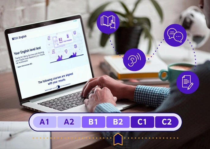 صورة توضيحية لواجهة اختبار تحديد مستوى اللغة الإنجليزية المعتمد من المعهد الثقافي البريطاني، والذي يُستخدم لتقييم مهارات اللغة الأساسية (الاستماع، التحدث، القراءة، الكتابة) حسب معيار CEFR العالمي. الاختبار متاح مجانًا عبر الإنترنت، ويساعد المتعلمين على معرفة مستواهم الحقيقي والانطلاق في تعلم الإنجليزية بخطى ثابتة. British Council EnglishScore
